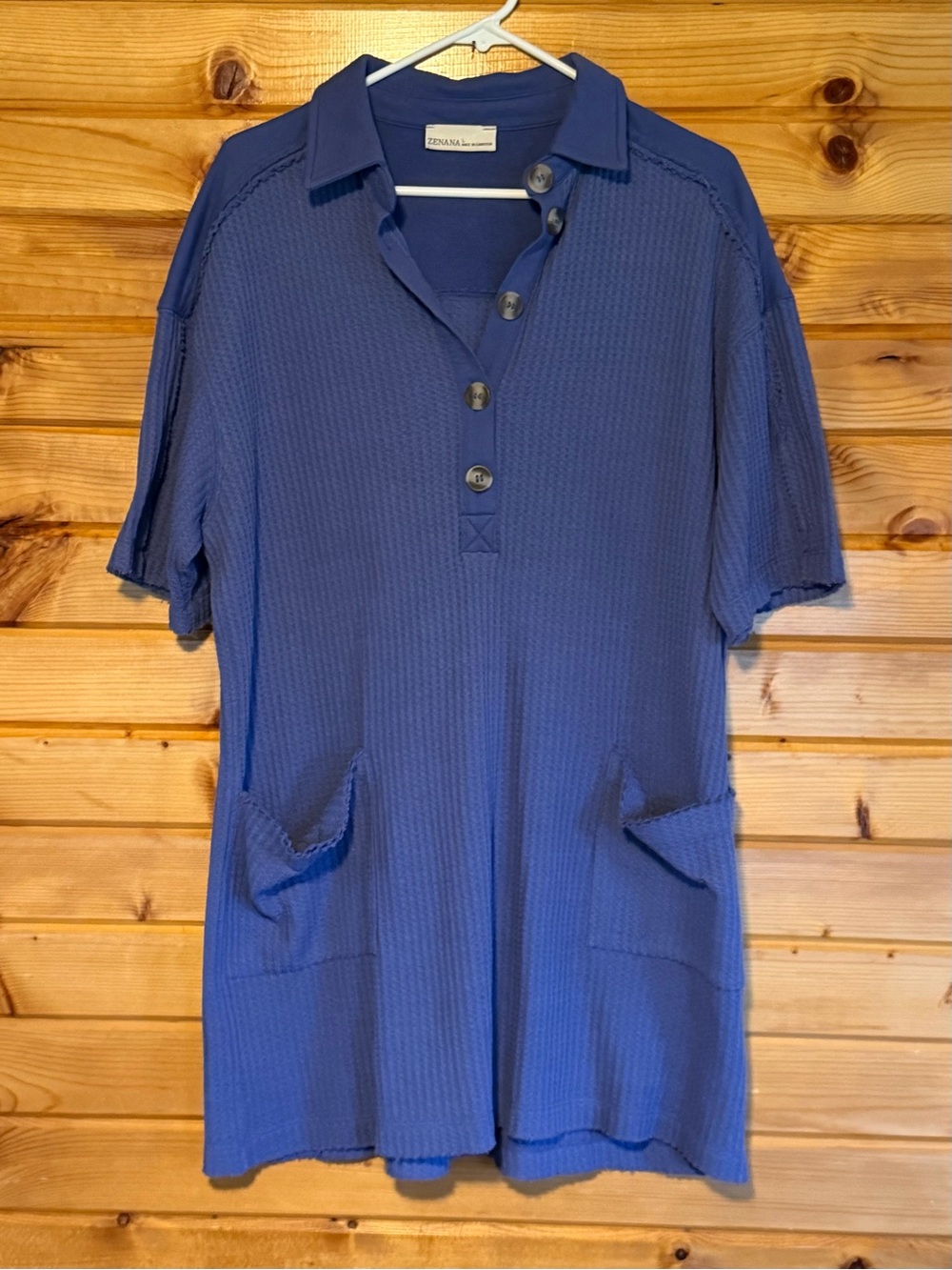 Zenana Outfitters Blue Textured Midi Polo Dress with Pockets